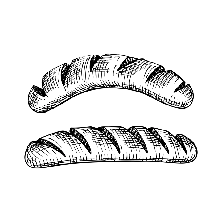 Grilled sausage vintage drawing. German food sketch. Oktoberfest menu design element. Hand drawn fast food illustration for Octoberfest. Traditional German cuisine meal sketch. Crackle sausages